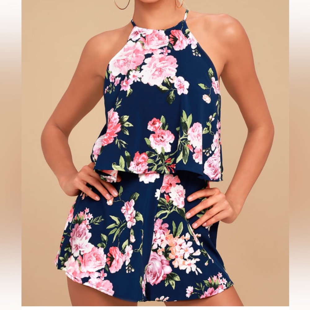 LULU’S | Navy Blue Floral Print Romper | Size XS